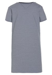 Sukienka t-shirt w poziome paski w kolorze granatowym i białym. Krótkie rękawy, dekolt w serek oraz luźny krój. Wykonana z miękkiego, lekkiego materiału.
