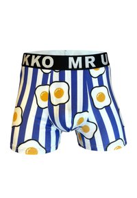 Herren-Boxershorts mit blauen und weißen vertikalen Streifen und einem Muster aus Spiegeleiern, mit einem schwarzen Bund mit weißen Teilbuchstaben.