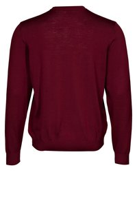 Maglione lavorato a maglia bordeaux con maniche lunghe e collo rotondo. Il tessuto sembra morbido, con orlo e polsini a coste. Design leggero e semplice.