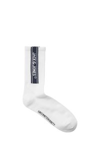 Witte katoenen sok met een geribbeld textuur, voorzien van een marineblauwe verticale streep en het "JACK & JONES" logo. De tekst op de zool leest "SINCE NINETEEN NINETY."