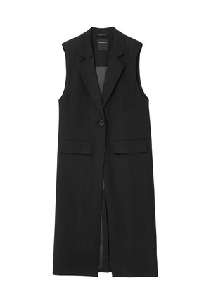 Black sleeveless vest with a notch lapel, single button closure, two front pockets, and a straight cut design. Made from a smooth fabric.