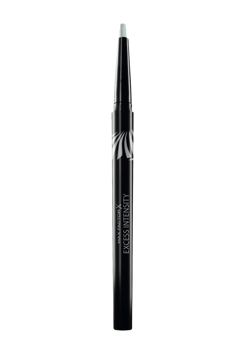Matita nera retrattile con punta affilata, caratterizzata da un motivo argento e testo che recita "Max Factor X Excess Intensity." Il colore della punta è verde chiaro.