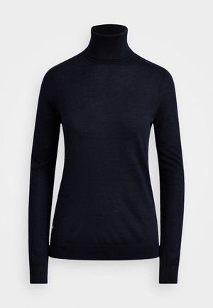 Marineblå turtleneck sweater lavet af glat strikket stof, der har lange ærmer, en tætsiddende silhuet samt ribstrikket halsudskæring og kant.