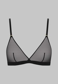 Bralette noir en forme de triangle avec un tissu en mesh transparent, des fines bretelles et de subtils accents en métal doré. Présente une bande noire lisse sous la poitrine.