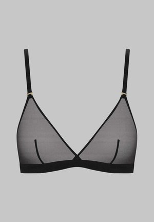 Bralette noir en forme de triangle avec un tissu en mesh transparent, des fines bretelles et de subtils accents en métal doré. Présente une bande noire lisse sous la poitrine.