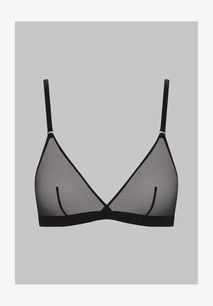 Schwarzer dreieckiger Bralette aus durchsichtigem Mesh-Gewebe, mit dünnen Trägern und dezenten goldenen Hardware-Akzenten. Mit einem glatten schwarzen Band unter der Brust.