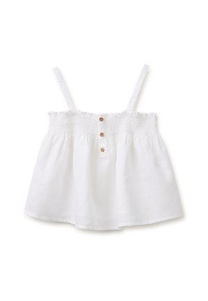 Biały krótki top bez rękawów z cienkimi ramiączkami, marszczoną górną częścią i trzema małymi brązowymi guzikami na środku z przodu.
