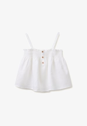 Witte mouwloze cropped top met dunne bandjes, geplooide bovenkant en drie kleine bruine knoopjes in het midden voor.