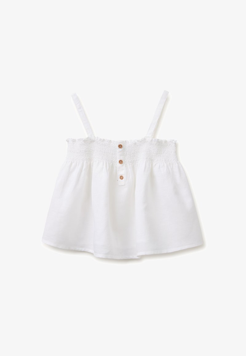 Haut court blanc sans manches avec fines bretelles, partie supérieure smockée et trois petits boutons marron au centre devant.