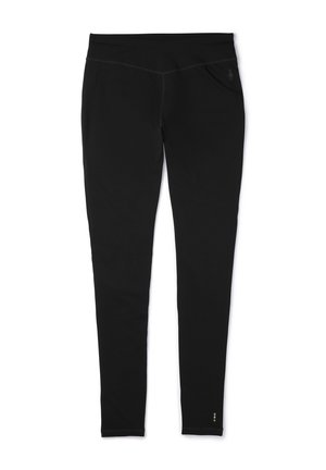 Leggings sportivi neri realizzati in tessuto elasticizzato. Presentano una vita alta e un piccolo logo dettagliato vicino alla caviglia. Tessitura liscia in tutto il capo.