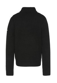 Maglione nero in maglia a coste con collo alto e maniche lunghe, caratterizzato da una silhouette aderente e un design minimalista.