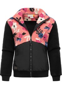 Giacca in pile con un motivo floreale rosa sulla parte anteriore superiore, maniche nere e corpo inferiore nero, zip frontale e polsini a coste.