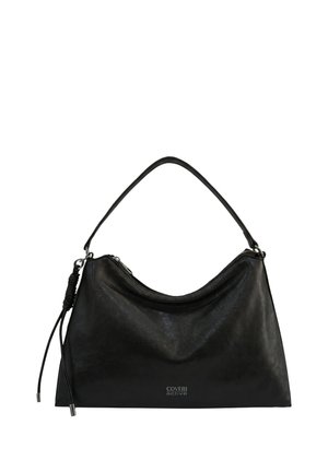 Borsa a tracolla in pelle nera con una singola tracolla, nappine decorative laterali e un piccolo logo "Coveri Active" sul davanti.