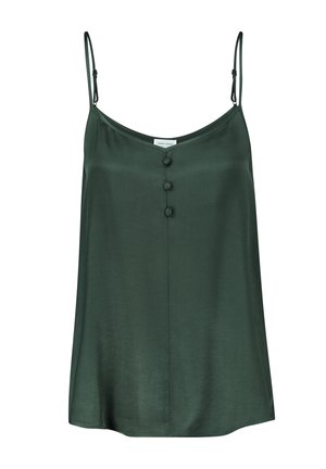 Dark green satin camisole with thin adjustable straps and three fabric-covered buttons down the center front.