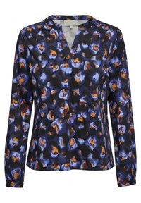 Långärmad blus i mörk tyg med ett blått och orange abstrakt mönster, v-ringning och en avslappnad passform. Slät textur.