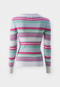 Maglione a maniche lunghe a costine con strisce orizzontali in rosa, verde, blu e bianco; design aderente con scollatura rotonda.