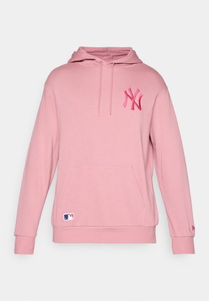 Pink hoodie with a kangaroo pocket and ribbed cuffs, featuring an embroidered NY logo on the chest and a small MLB logo tag on the bottom.