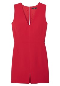 Robe sans manches rouge avec un décolleté en V profond, un corsage ajusté et une jupe longueur genou avec une fente à l'avant. Tissu doux de couleur unie.