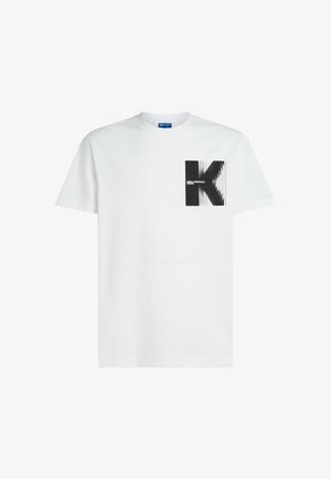 T-shirt bianco a maniche corte con logo quadrato nero che presenta una "K" stilizzata e la scritta "Karl Lagerfeld Jeans" sul petto.