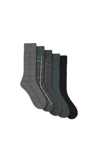 Fünf Paar Socken in verschiedenen Grautönen, Grün und Schwarz. Merkmale sind Karomuster und glatte Textur. Dehnbares Stoffdesign.