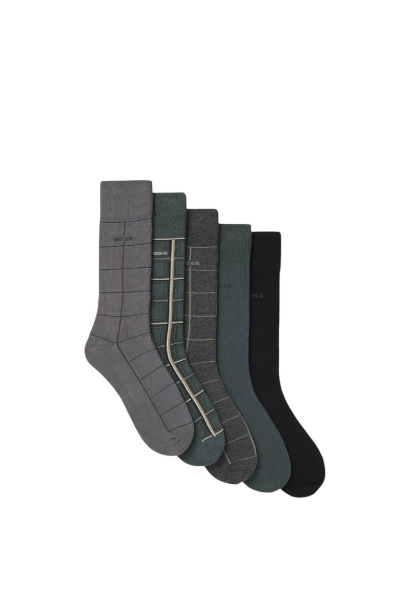 Fünf Paar Socken in verschiedenen Grautönen, Grün und Schwarz. Merkmale sind Karomuster und glatte Textur. Dehnbares Stoffdesign.