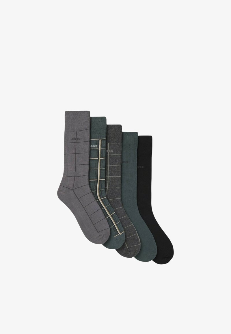 Fünf Paar Socken in verschiedenen Grautönen, Grün und Schwarz. Merkmale sind Karomuster und glatte Textur. Dehnbares Stoffdesign.
