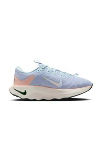 Svijetloplave tenisice za trčanje s ružičastim detaljima, teksturirana gornja obloga, bijeli srednji potplat i crni donji potplat. Ima Nike logo u bijeloj i zelenoj boji.