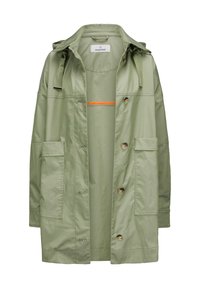 Olivengrüne leichte Jacke mit Kapuze, zwei vorderen Taschen, Knopfverschlüssen und einem inneren orangefarbenen Akzentstrich. Glatte Textur.
