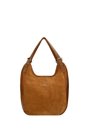 Borsa a spalla in suede marrone con rifiniture in pelle liscia, caratterizzata da una forma arrotondata e un sottile logo in evidenza sul fronte.