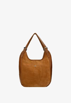 Sac à épaule en daim marron avec un bord en cuir lisse, de forme arrondie et présentant un accent logo subtil à l'avant.