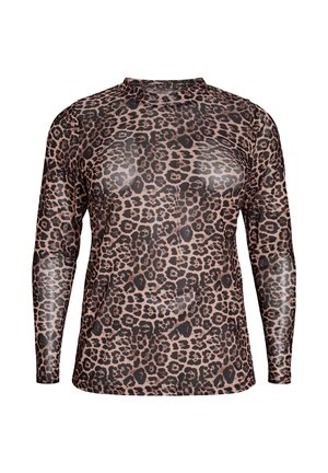 Långärmad topp med rund hals, prydd med ett leopardmönster i nyanser av brunt och svart, tillverkad av ett stretchigt, slätt material.