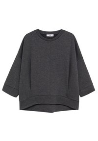 Sweatshirt gris court avec un col rond, des manches trois-quarts et des poignets côtelés. Texture lisse et design minimal sans motifs.