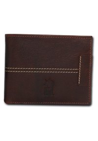 Brown leather wallet with contrasting white stitching, slim design, embossed logo, and a card slot. Smooth texture with a minimalistic look.