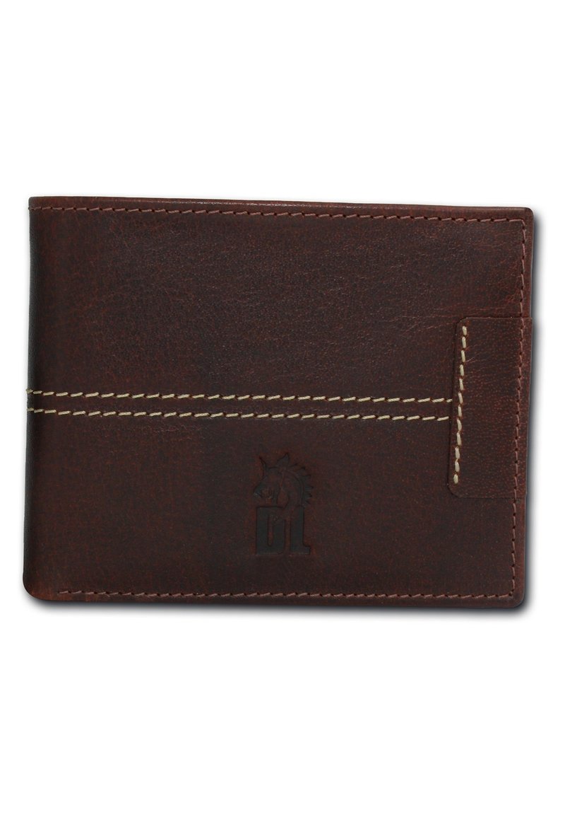 Brown leather wallet with contrasting white stitching, slim design, embossed logo, and a card slot. Smooth texture with a minimalistic look.