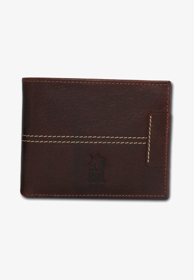 Brown leather wallet with contrasting white stitching, slim design, embossed logo, and a card slot. Smooth texture with a minimalistic look.