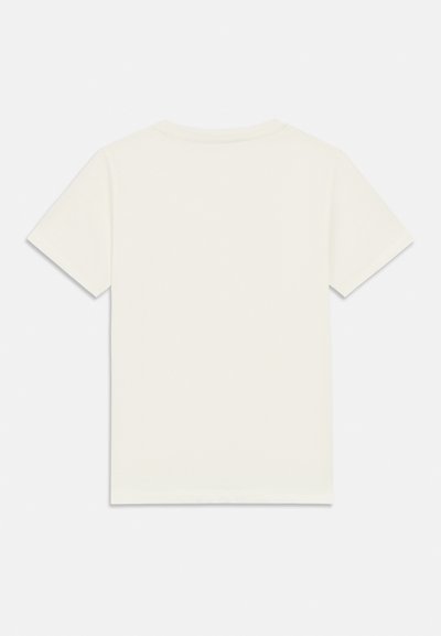 Kurzärmeliges T-Shirt aus offweißem Baumwollstoff mit rundem Ausschnitt und schlichtem, nahtlosem Rückendesign ohne Muster oder Akzente.