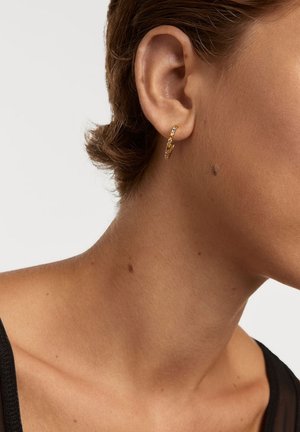 Orecchino a cerchio in oro con un design testurizzato e attorcigliato, impreziosito da piccoli dettagli trasparenti. Posizionato sull'orecchio di un modello, mette in risalto la sua lucentezza e i particolari.