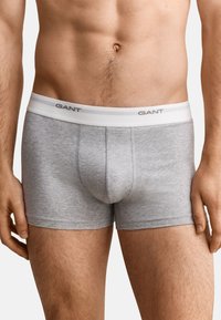 Buste masculin portant un boxer gris avec une ceinture blanche arborant le logo "GANT", debout devant un fond clair uni.