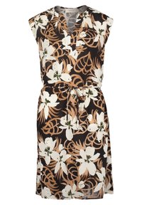 Blommig omlottklänning med svart bakgrund och vita och beige blommor, korta ärmar, knappstängd krage och knutet midjeband.