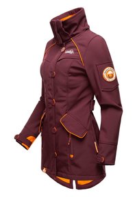 Maroon jacket with orange accents, featuring a high collar, multiple buttons, and two side pockets. Material appears smooth and durable.