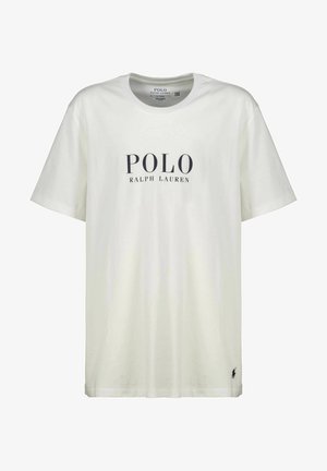 Bijela pamučna majica s crnim logotipom "POLO RALPH LAUREN" u sredini i malim crnim simbolom konja na lijevom rubu.