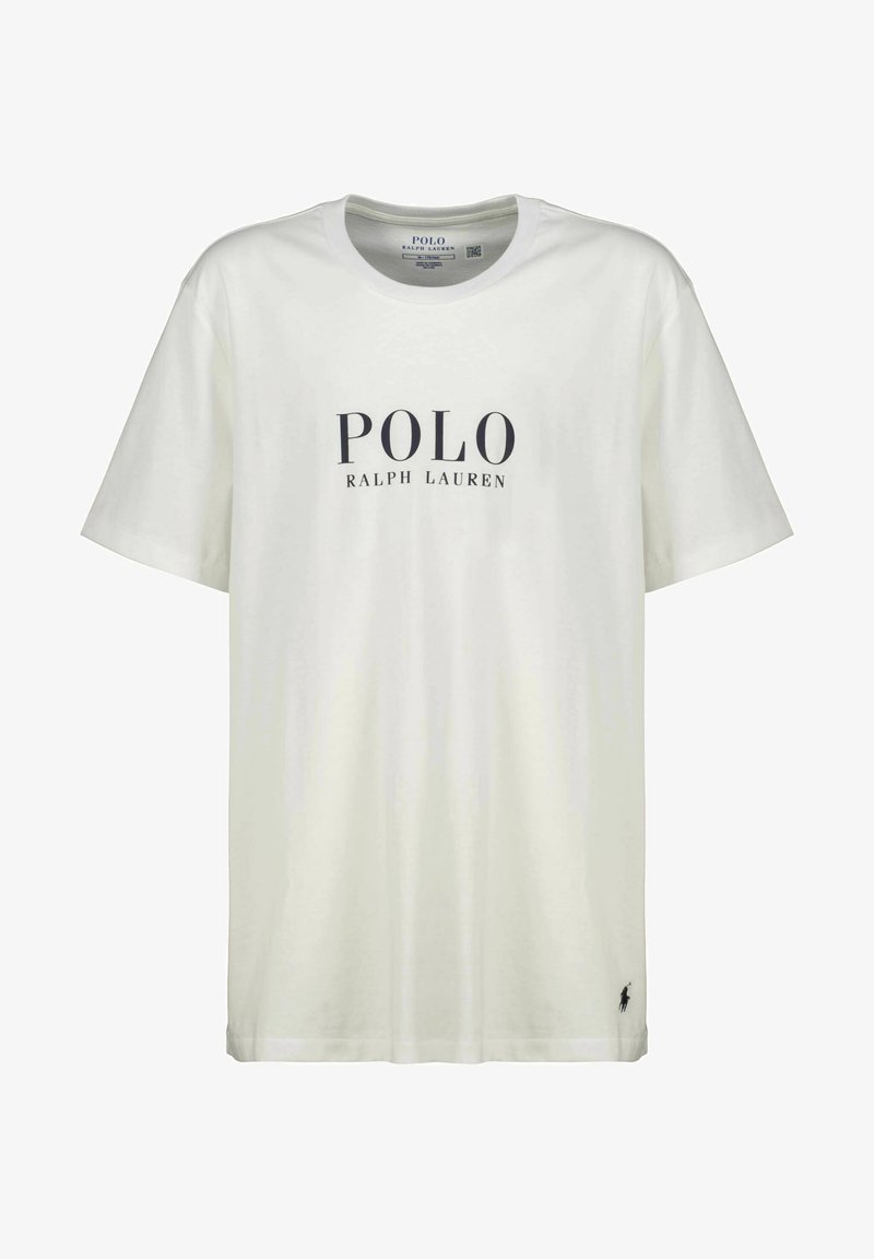 Maglietta in cotone bianco con un logo nero "POLO RALPH LAUREN" al centro e un piccolo emblema di cavallo nero sull'orlo sinistro.