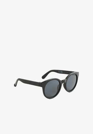 Juodos apvalių lęšių akiniai nuo saulės su storais plastikiniais rėmeliais. Lęšiai tamsiai pilki, o šonai grakštūs, su lygiu paviršiumi.