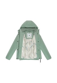Light green jacket with a hood, featuring a patterned inner lining and snap closures. The exterior is smooth, with elasticated cuffs and a zipper.