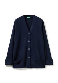 Námořnická pletená cardigan s výstřihem do V, pěti knoflíky, žebrovanými manžetami a dvěma předními kapsami. Měkká textura, volný střih a jednoduchý design.