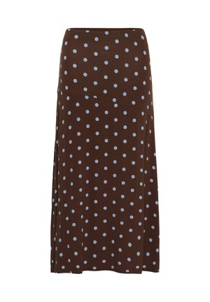 Jupe marron mi-longue à pois bleu clair avec un détail de couture asymétrique sur un fond uni.