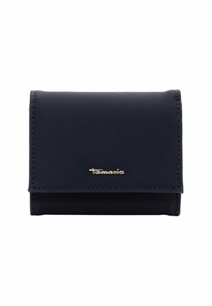 Navy blue wallet made of synthetic material, featuring a fold-over design, stitched edges, and a gold-tone logo accent on the front.
