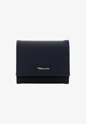 Dunkelblaues Portemonnaie aus synthetischem Material, mit einem Klappdesign, genähten Kanten und einem goldfarbenen Logoakzent auf der Vorderseite.