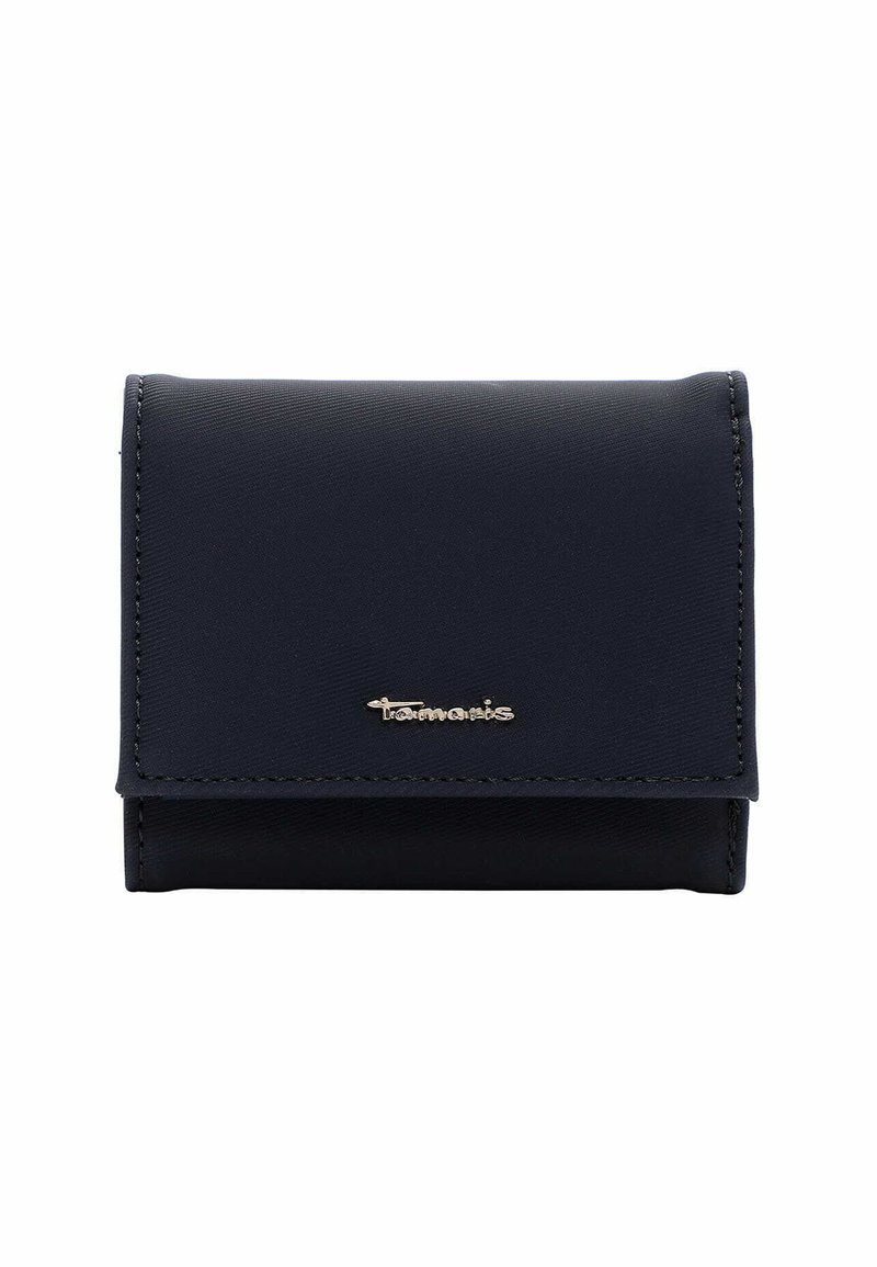 Navyblauwe portemonnee van synthetisch materiaal, met een opvouwbaar ontwerp, gestikte randen en een goudkleurig logoaccent aan de voorkant.