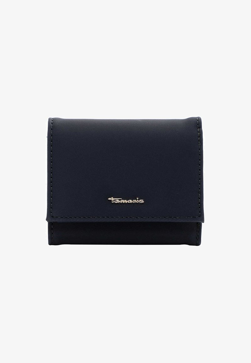 Granatowy portfel wykonany z materiału syntetycznego, z zapięciem na złożenie, przeszyty brzegami oraz złotym akcentem z logo z przodu.